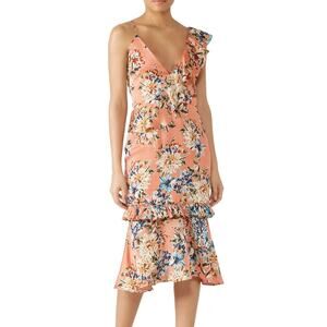 VONE Dress Womens 2 Orange Yuli Floral Printed Ruffle Tiered Midi Flutter Anthro